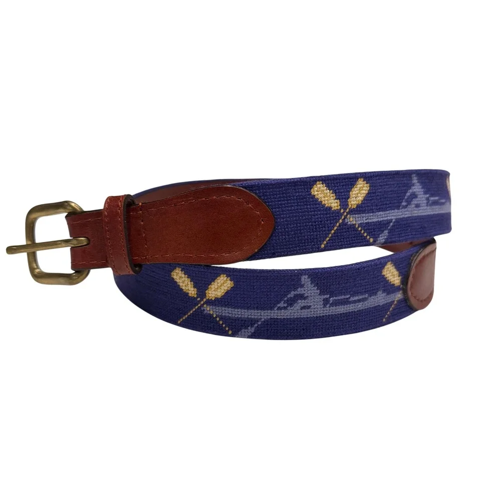 Smathers & Branson Mens 34 Needlepoint Belt Rowing Crew Oars Navy Blue Leather